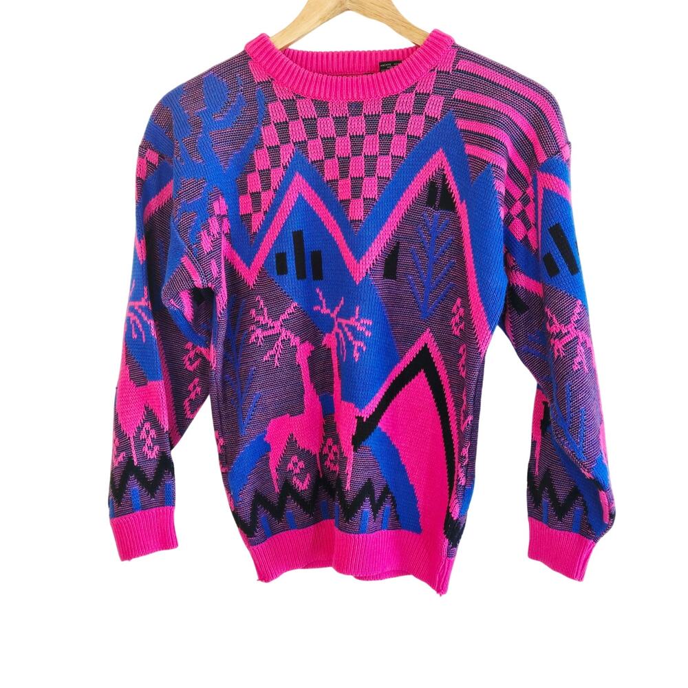 Size S – Rainbow Ridge 1980s Neon Elk Winter Knit Sweater